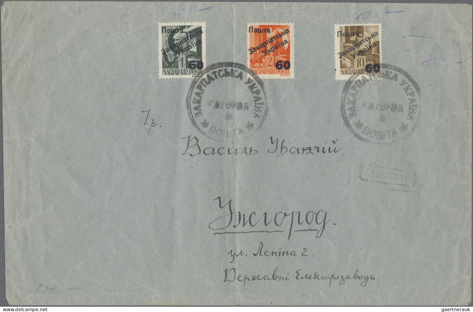 Carpathian Ukraine: 1945, 60 On 1 F, 60 On 2 F And 60 On 10 F, On Envelope, Crea - Ukraine