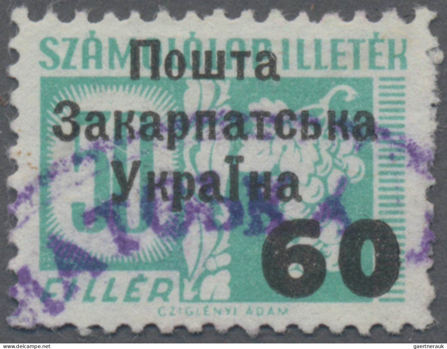 Carpathian Ukraine: 1945, Hungarian Fiscals, 60 On 50 F Green, Used, Spaced "60" - Oekraïne