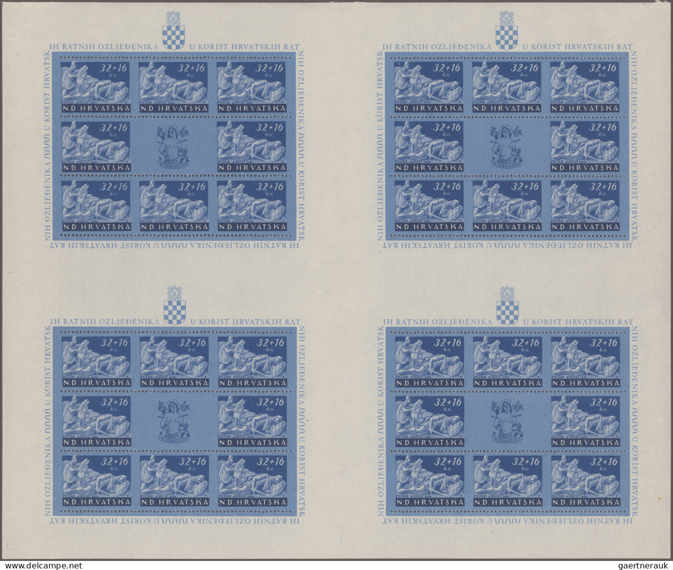 Croatia: 1944, War Relief, Complete Set Of Four Values In Cross Gutter Sheets Of - Croatia