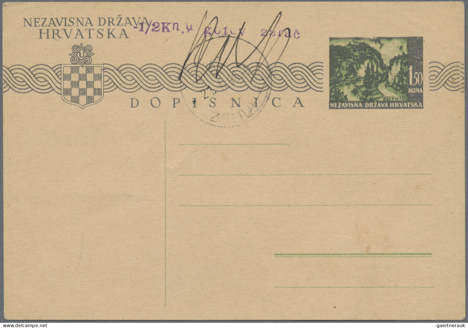 Croatia: 1943, Postal Card 1.50k. Black/green With Provisional Postmaster's Upra - Kroatien