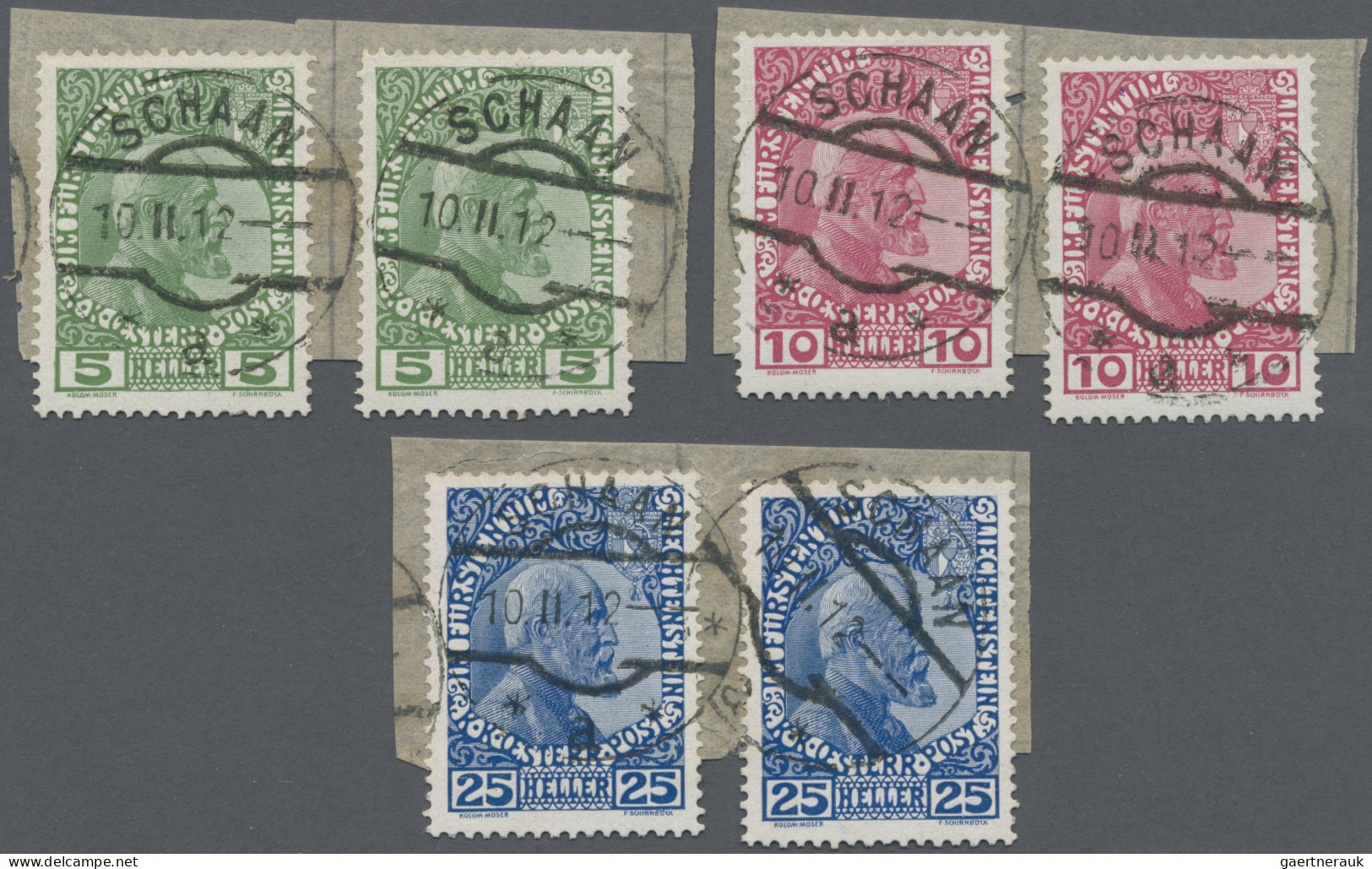 Liechtenstein: 1912 Erste Ausgabe Auf Gestrichenem Papier, Je Zwei Einzelmarken - Briefe U. Dokumente