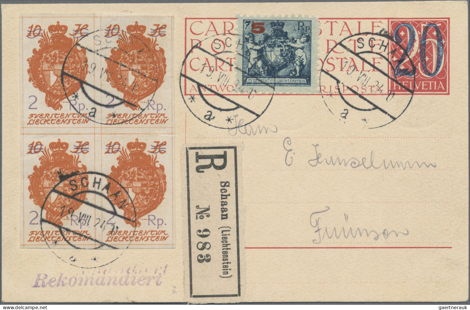 Liechtenstein: 1924, 2 Rp. Magerer Aufdruck Im 4er-Block Zusammen Mit 5 Rp.Überd - Briefe U. Dokumente