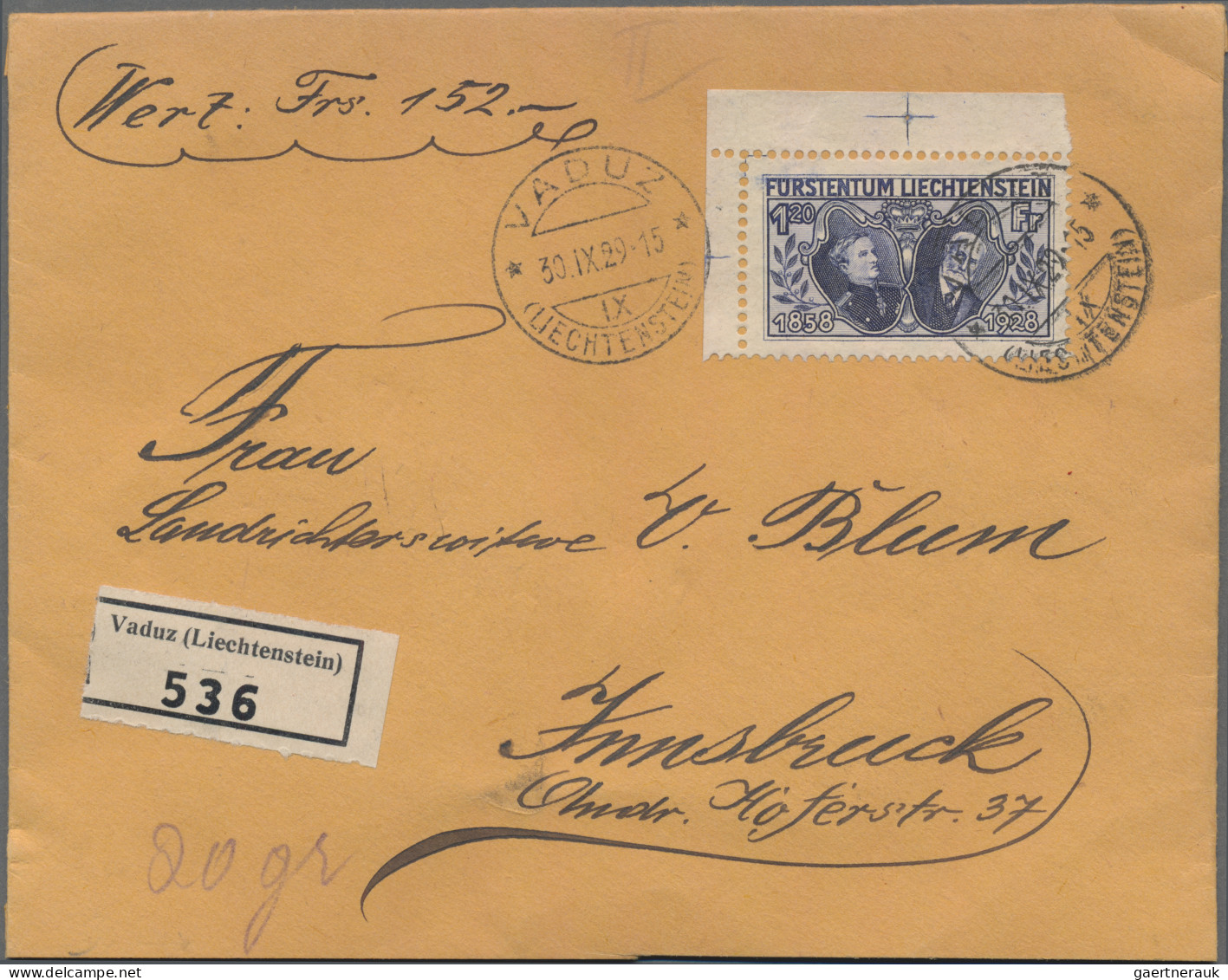 Liechtenstein: 1928, 120 Rp. 70.Jahrestag Der Thronbesteigung, Eckrandstück Als - Lettres & Documents