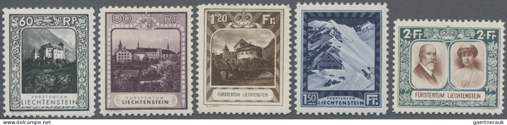 Liechtenstein: 1930, Freimarken Kosel 60 Rp. - 2 Fr., 5 Verschiedene Postfrische - Ongebruikt