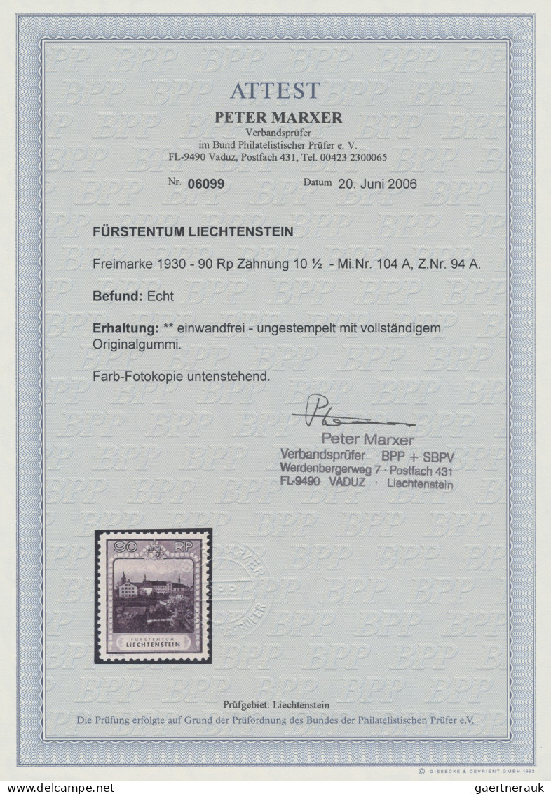 Liechtenstein: 1930, Freimarken Kosel 60 Rp. - 2 Fr., 5 Verschiedene Postfrische - Neufs