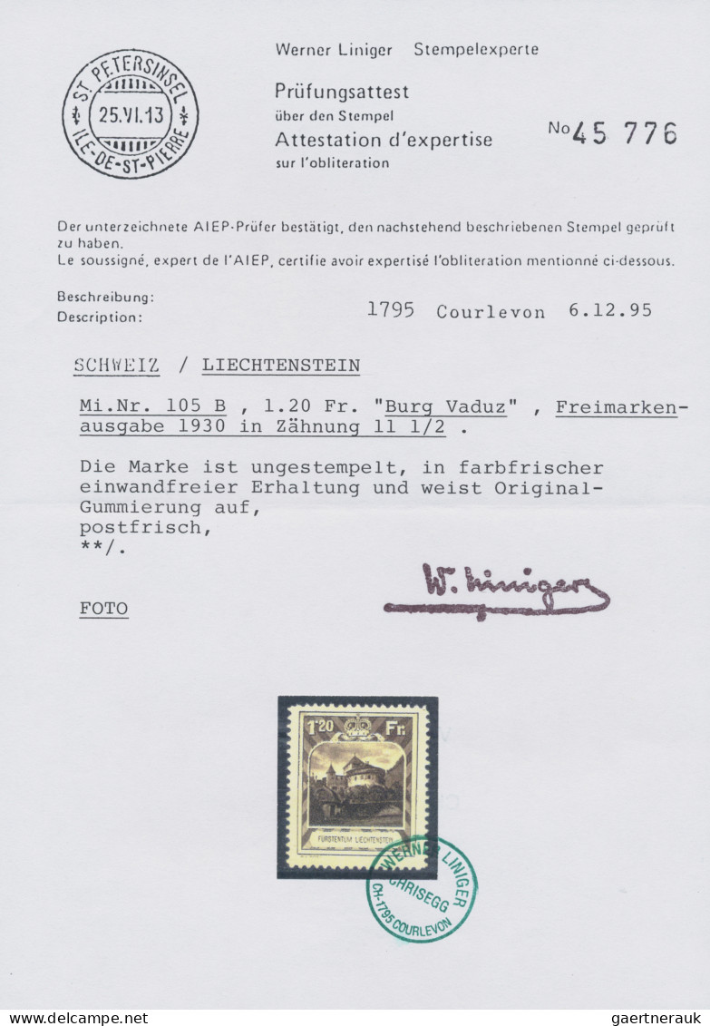 Liechtenstein: 1930, Freimarken Kosel 60 Rp. - 2 Fr., 5 Verschiedene Postfrische - Ungebraucht