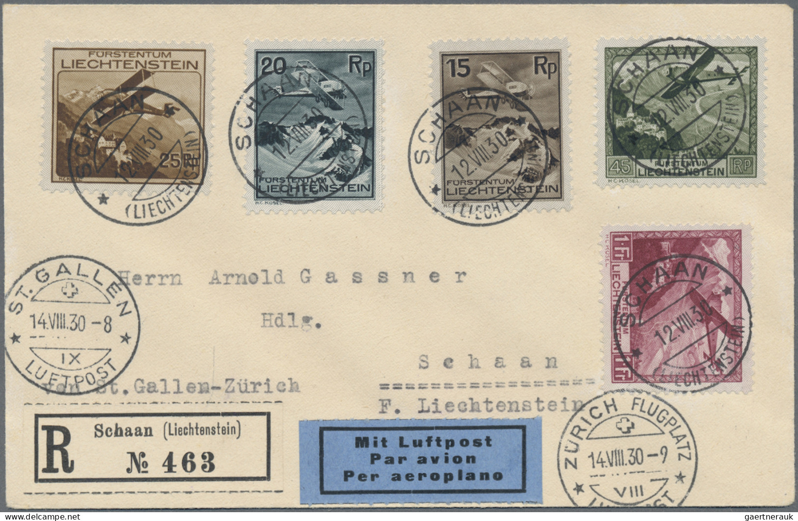 Liechtenstein: 1930, Flugpostausgabe, Fünf Werte (die 35 Rp Fehlt) Auf Eingeschr - Covers & Documents