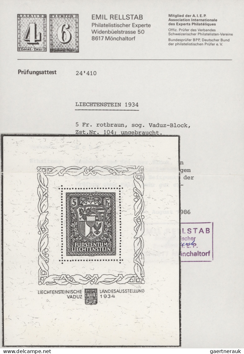 Liechtenstein: 1934, Vaduz-Block Postfrisch, Laut FA Rellstab "sauberer Und Fris - Ungebraucht