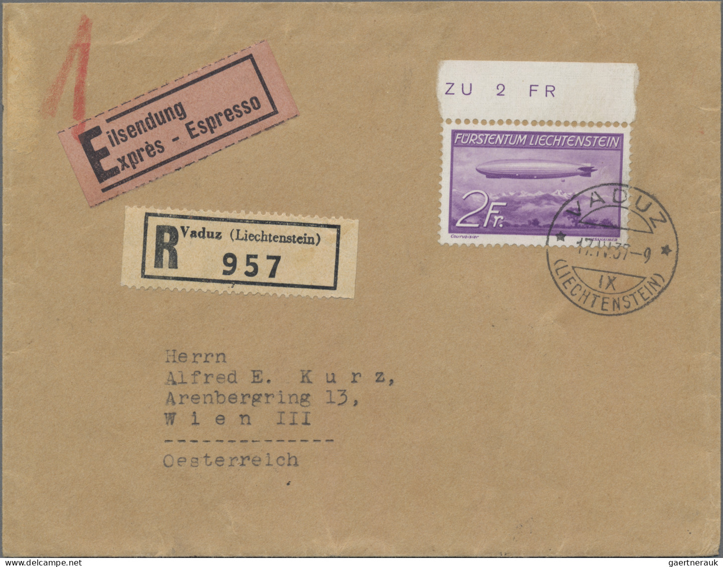 Liechtenstein: 1936, Zeppelin 2 Fr. Violett Vom Oberrand Auf Eilboten-R-Brief Vo - Lettres & Documents