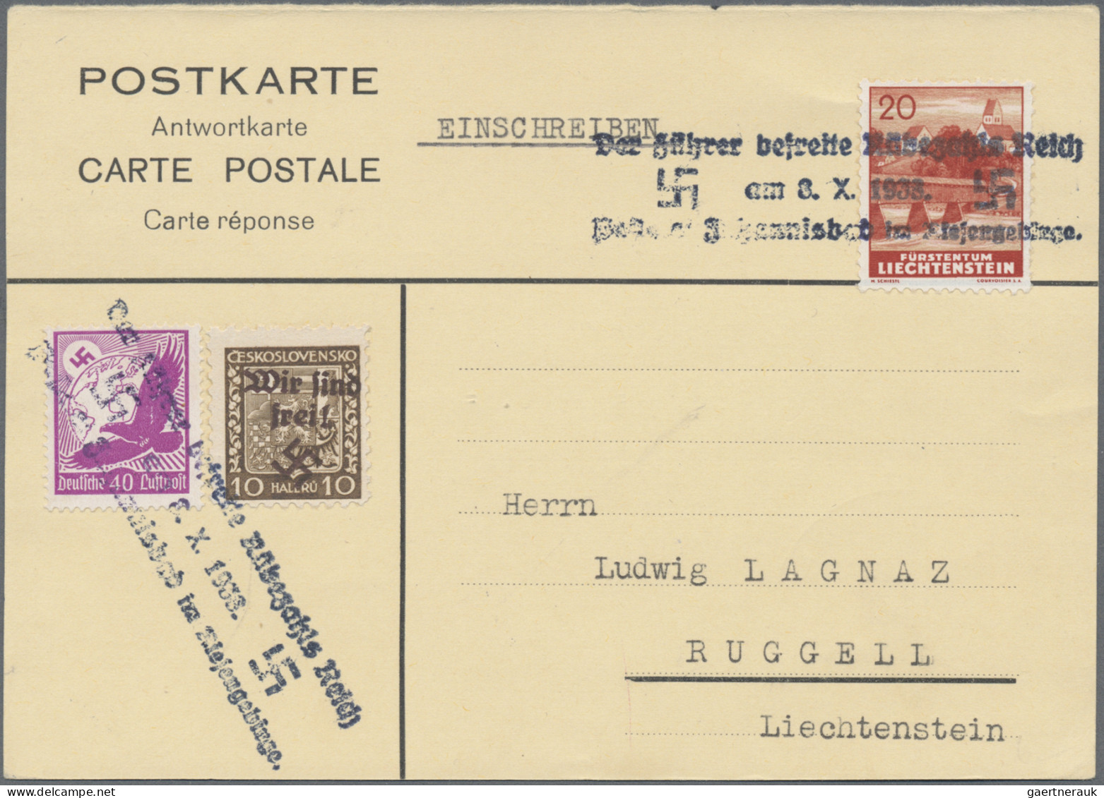 Liechtenstein: 1938/39, 2 Interessante Antwortkarten, 20 Rp. Rheinbrücke In MiF - Covers & Documents