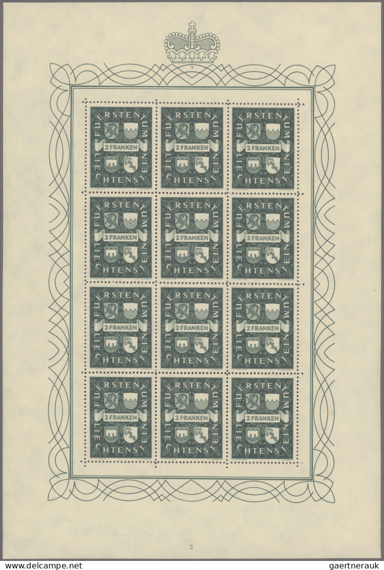 Liechtenstein: 1939, 2-3 Fr. Wappen U. 5 Fr. Fürst In 3 Postfrischen Kleinbogen, - Unused Stamps