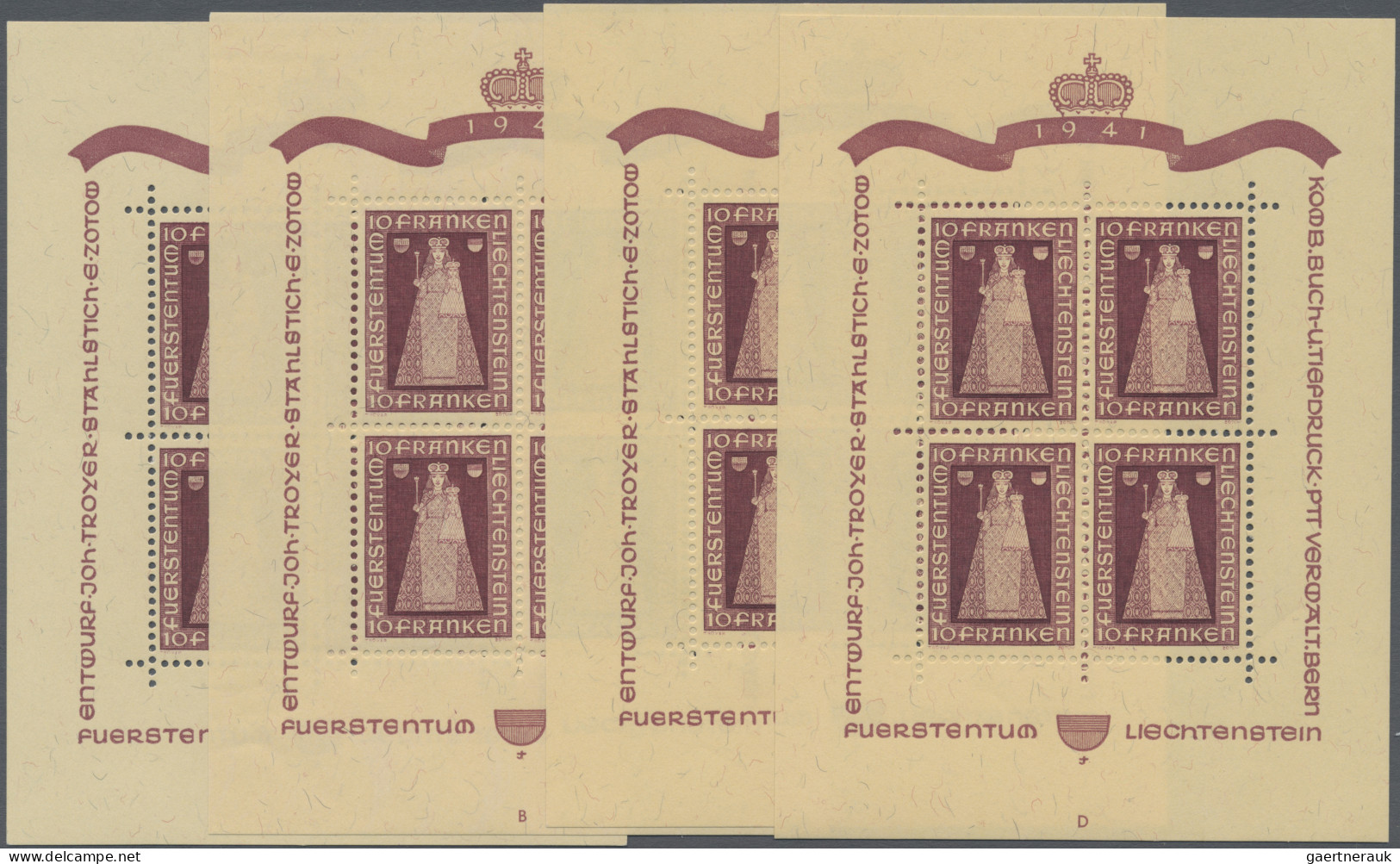 Liechtenstein: 1941, 10 Fr. Madonna Von Dux In 4 Postfrischen Kleinbogen Zu 4 Ma - Unused Stamps