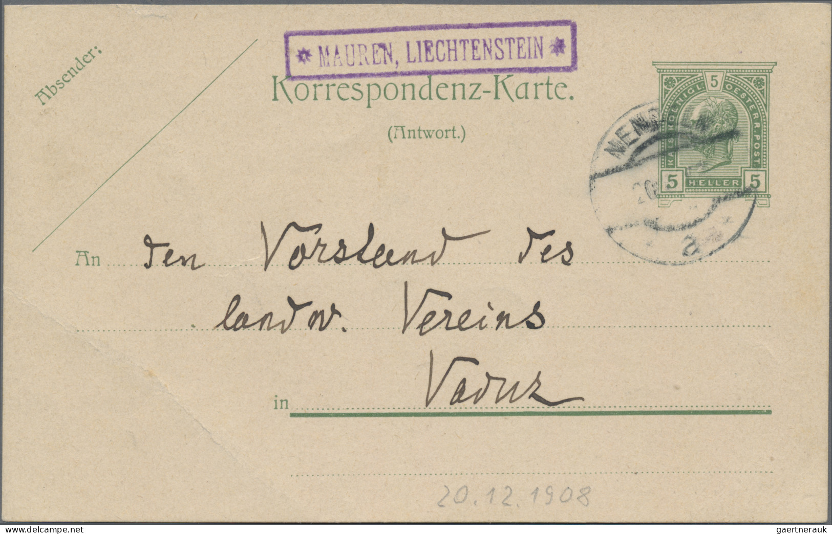 Liechtenstein - Stempel: 1908, Postablage-K1 *MAUREN,LIECHTENSTEIN* Klar Und Sau - Maschinenstempel (EMA)