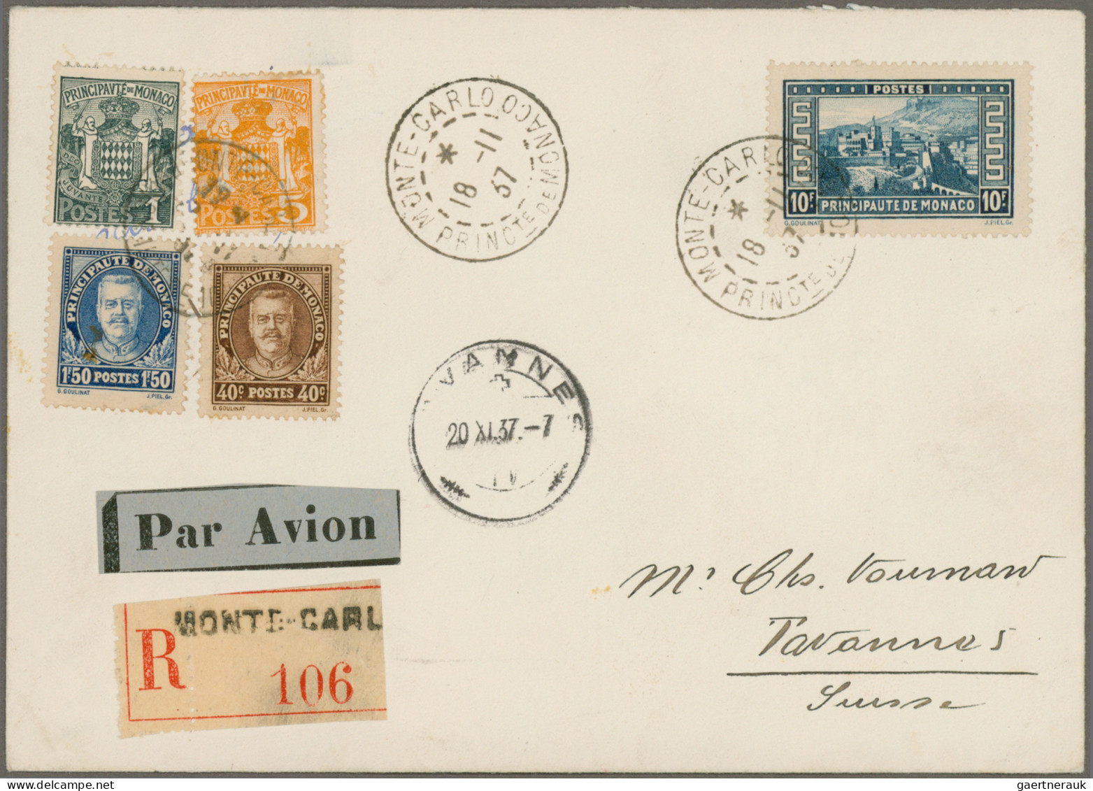 Monaco: 1933/1937, Definitives "Pictorials", 10fr. Blue And 20fr. Black, Both To - Lettres & Documents