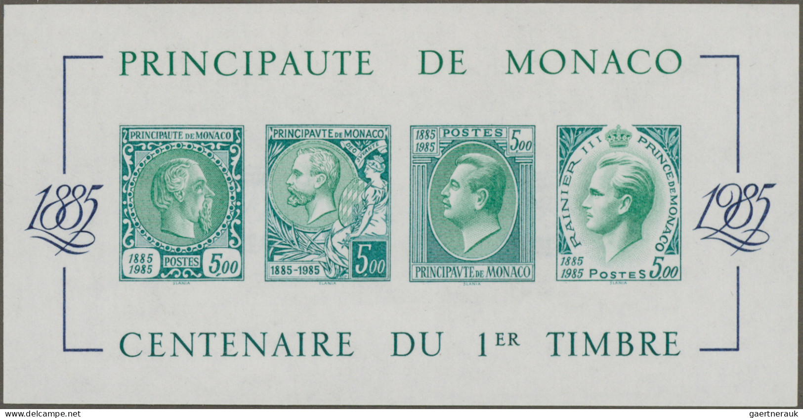 Monaco: 1985, Stamp Centenary Souvenir Sheet, Imperforate Special Edition In GRE - Unused Stamps