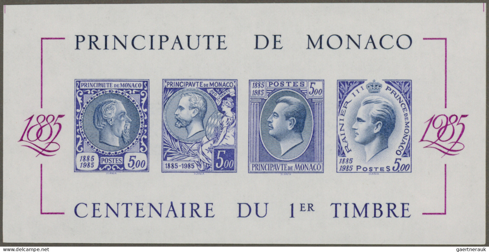 Monaco: 1985, Stamp Centenary Souvenir Sheet, Imperforate Special Edition In VIO - Unused Stamps