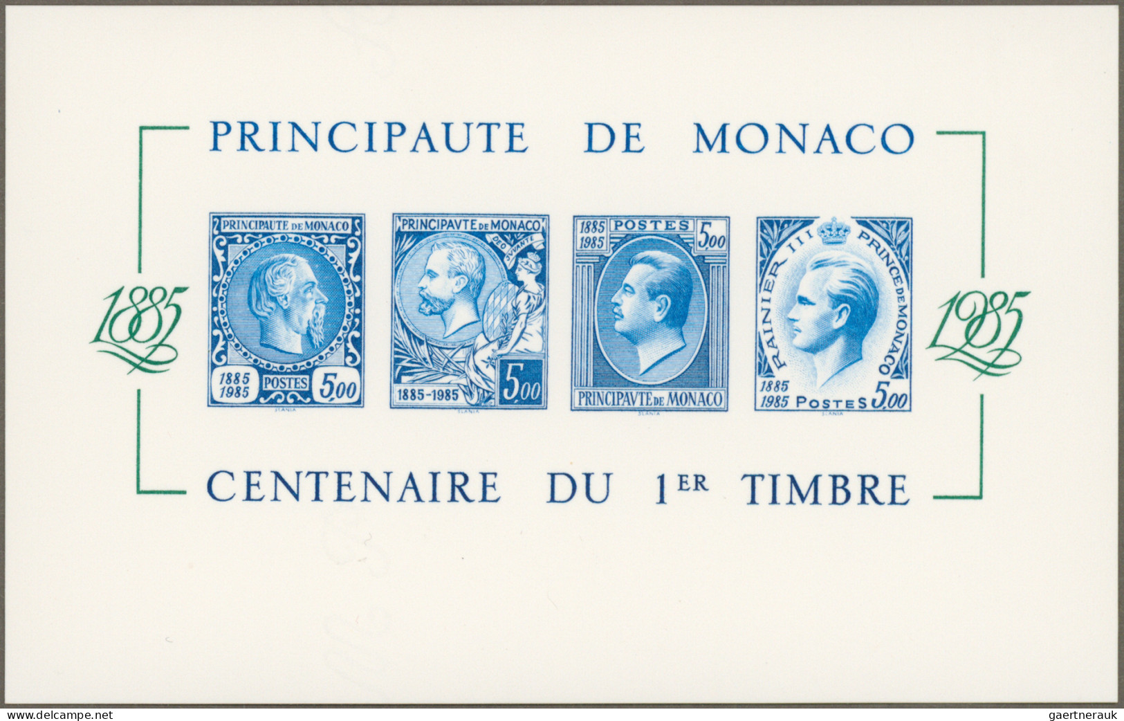 Monaco: 1985, Stamp Centenary Souvenir Sheet, Imperforate Special Edition On Thi - Ongebruikt