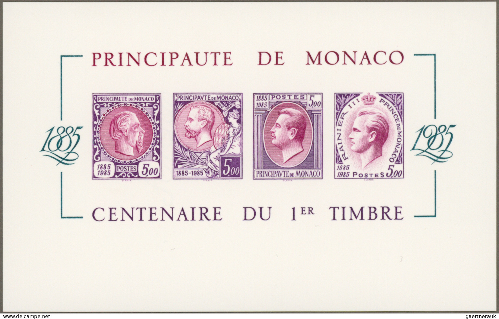 Monaco: 1985, Stamp Centenary Souvenir Sheet, Imperforate Special Edition On Thi - Unused Stamps