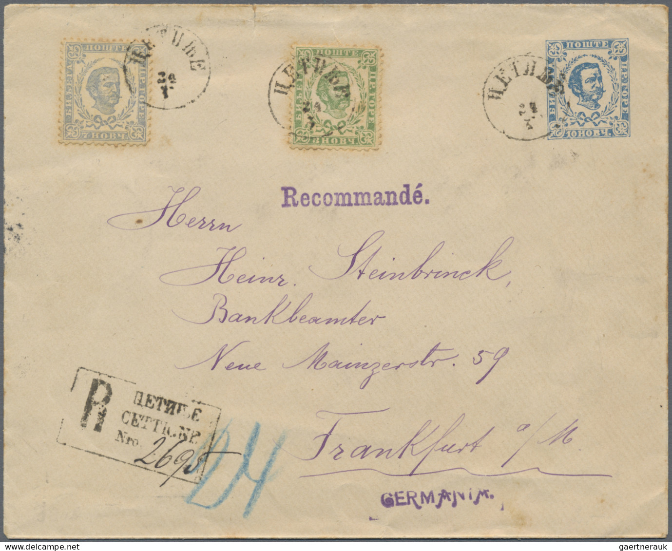Montenegro - Postal Stationery: 1894, Stationery Envelope 10nkr. Blue Uprated By - Montenegro
