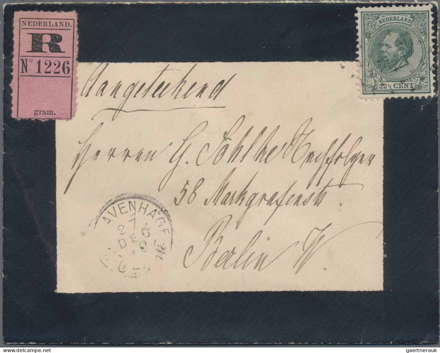 Netherlands: 1890, Willem 22½c. Green, Single Franking On Registered Mourning Co - Briefe U. Dokumente