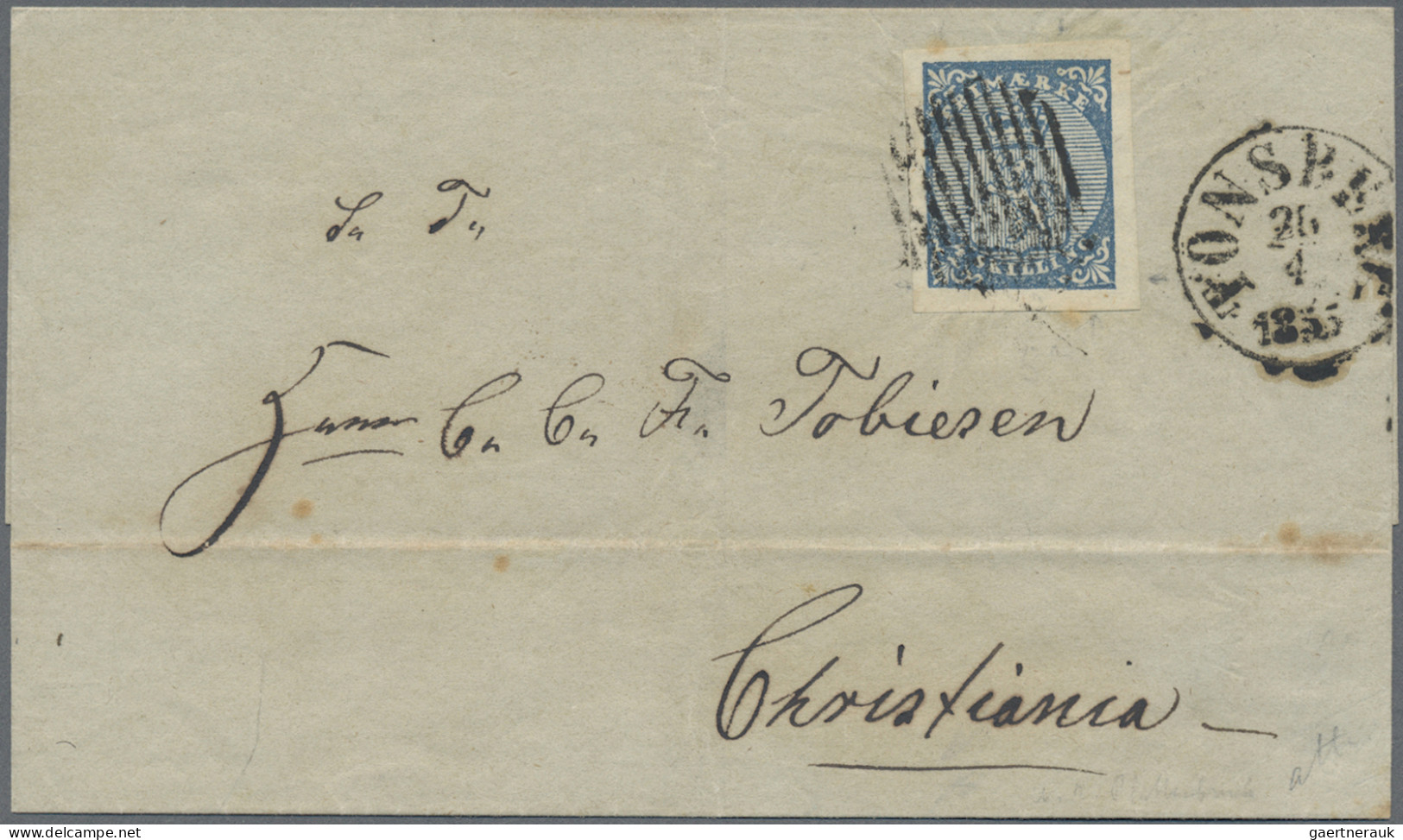 Norway: 1855 First Issue 4sk. Blue, Two Singles Used (one With Holmestrand C.d.s - Brieven En Documenten