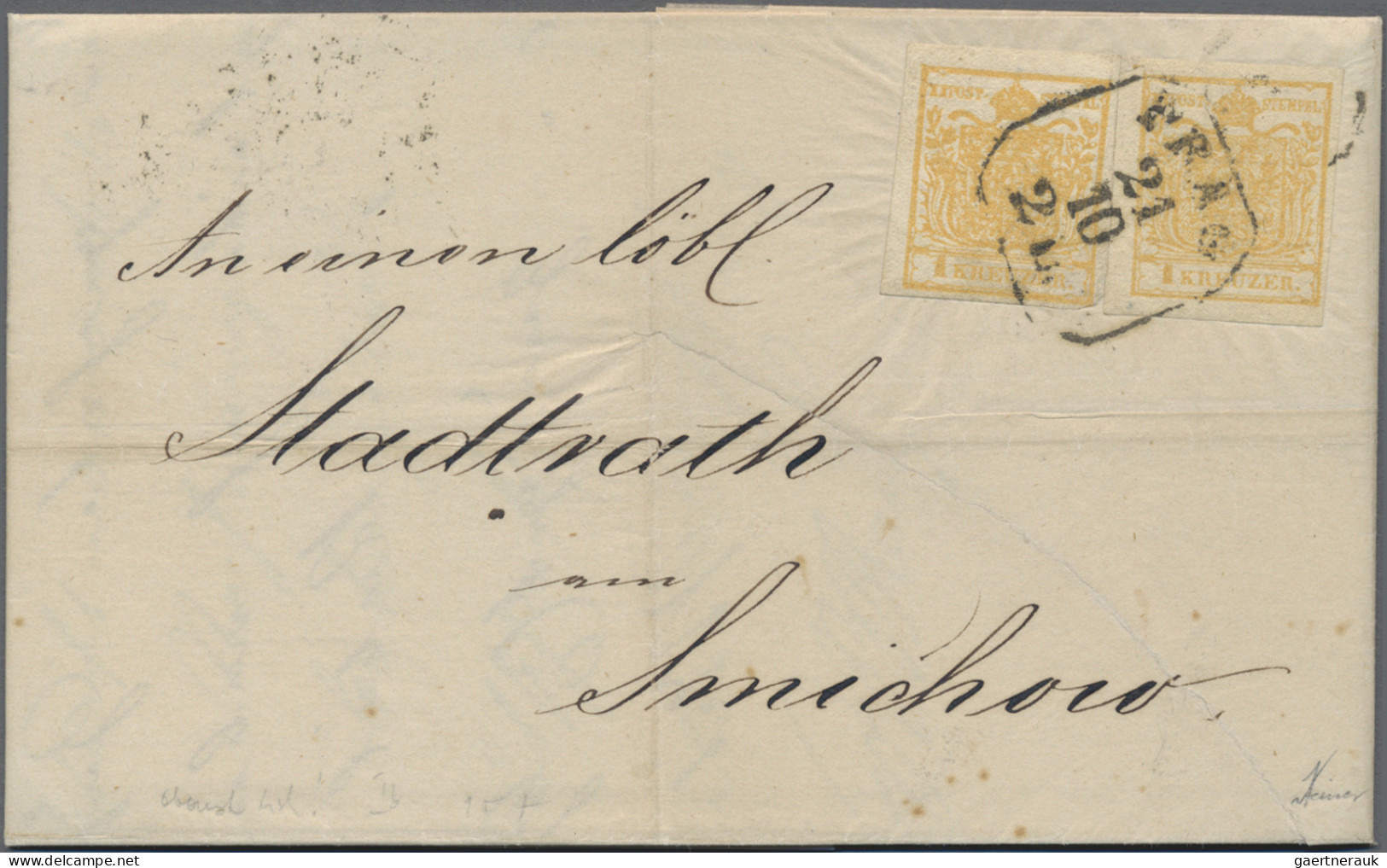 Österreich: 1850, 1 Kr. Ockergelb, Handpapier, Type I Mit Doppelseitigem Druck ( - Briefe U. Dokumente