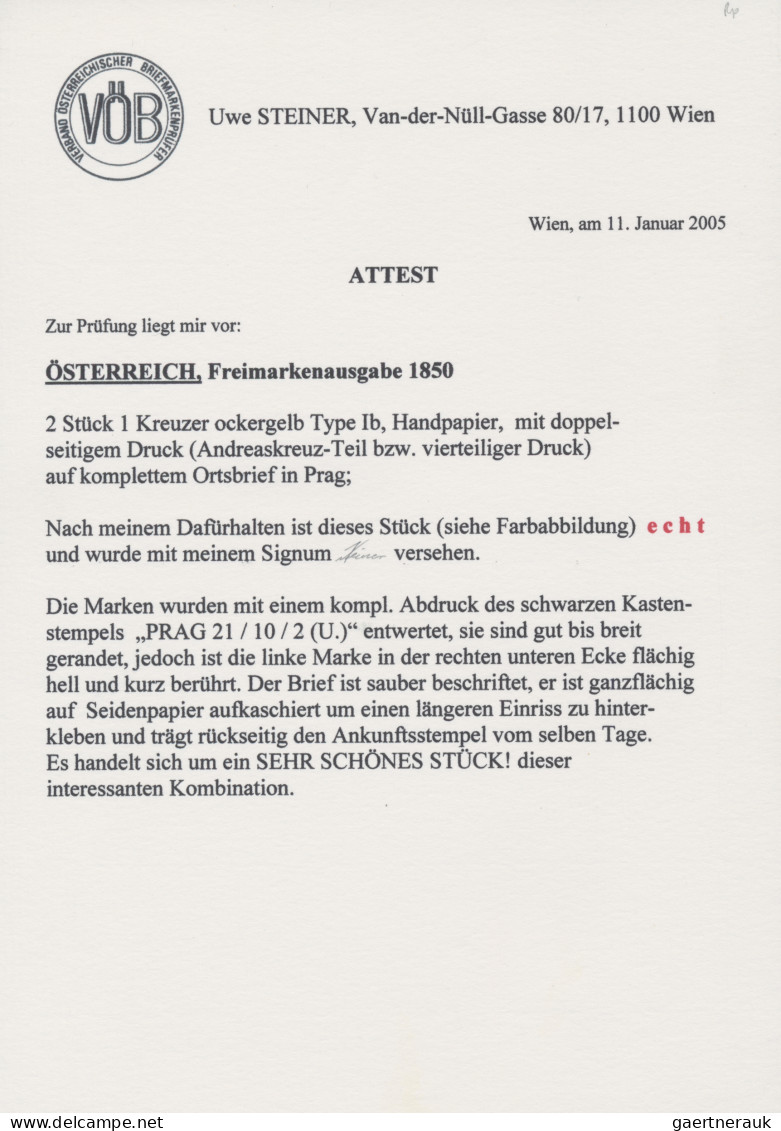 Österreich: 1850, 1 Kr. Ockergelb, Handpapier, Type I Mit Doppelseitigem Druck ( - Brieven En Documenten