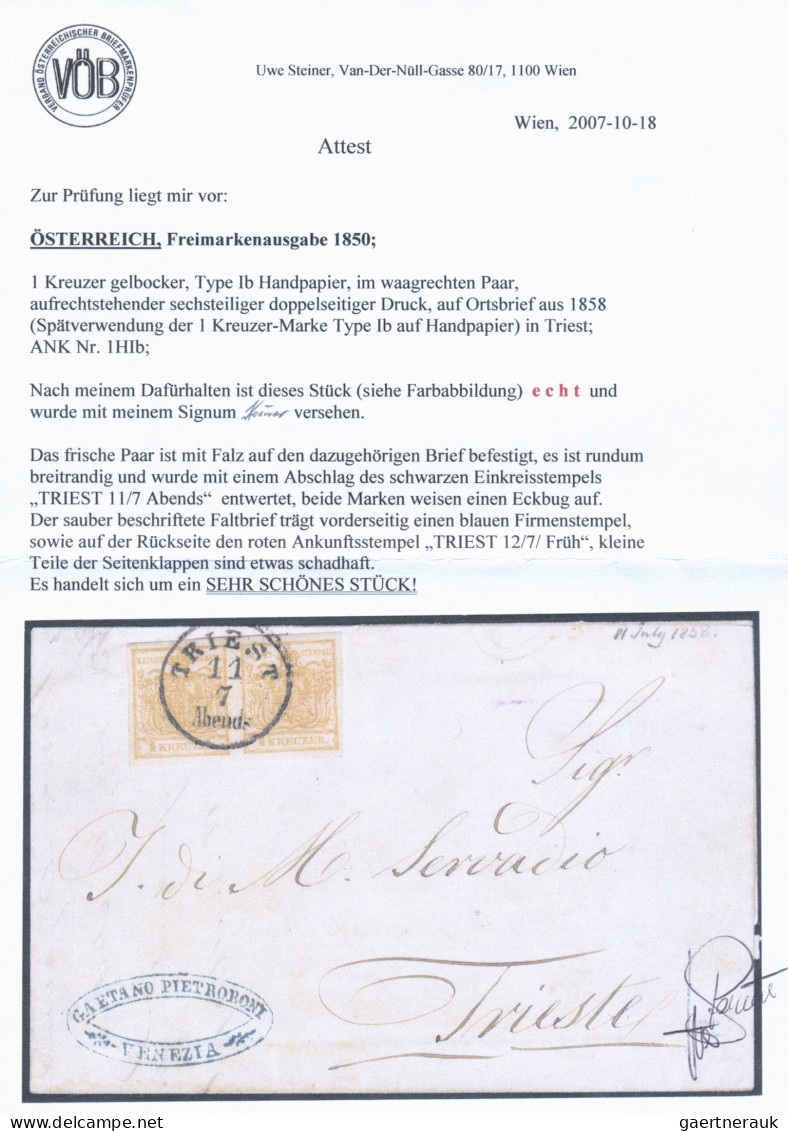 Österreich: 1850, 1 Kr. Gelbocker, Waagerechtes Paar, Doppelseitiger Druck, Alls - Briefe U. Dokumente