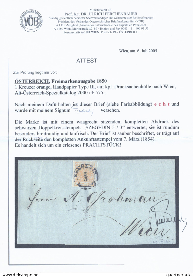 Österreich: 1850, 1 Kr. Orange, Type III, Breitrandiges Kabinettstück, Als Einze - Briefe U. Dokumente