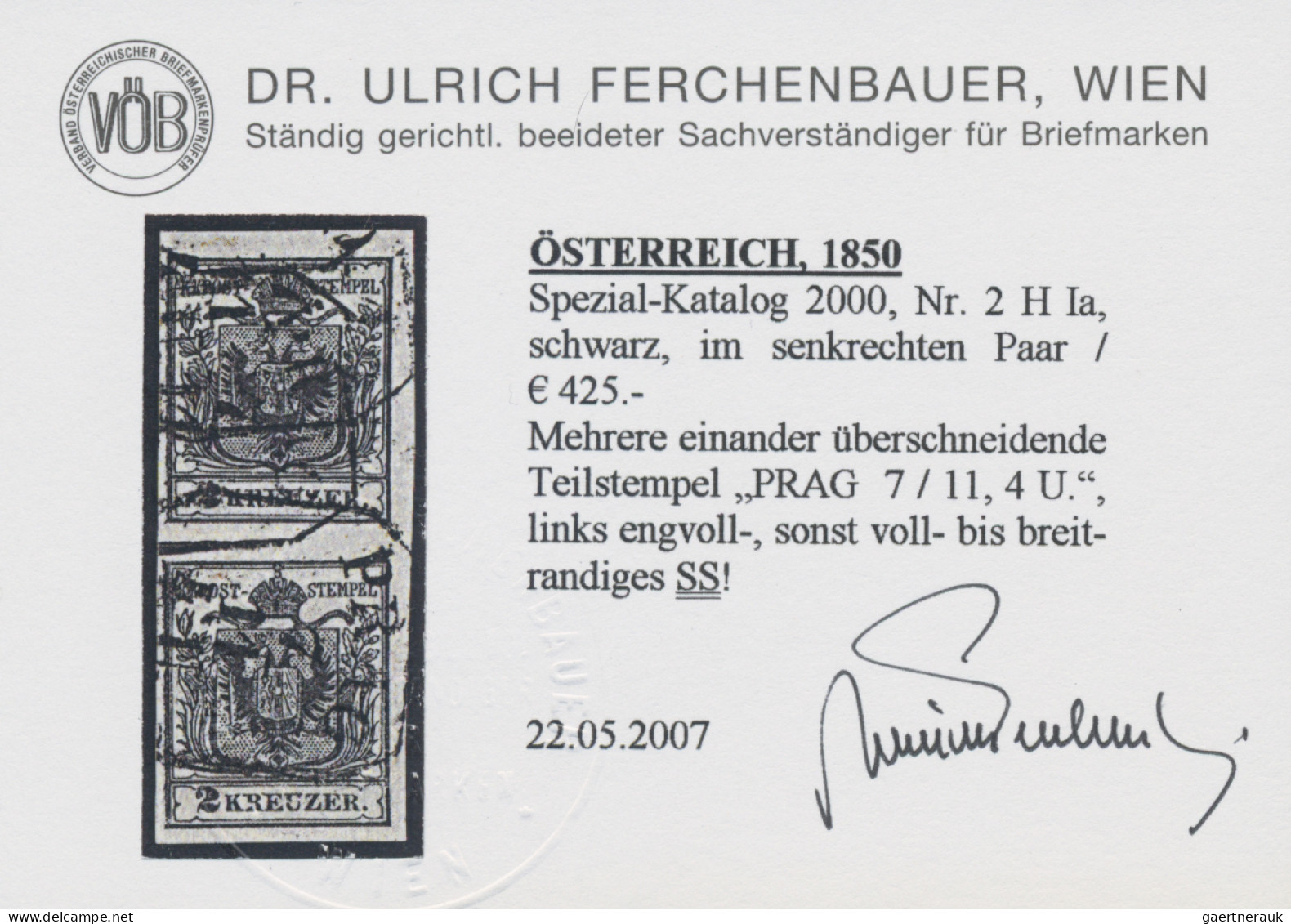 Österreich: 1850, 2 Kr. Schwarz, Type Ia, Senkrechtes Paar, Schwarzer Stempel PR - Gebraucht