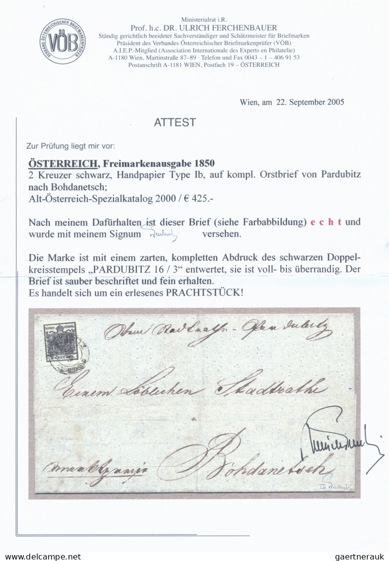 Österreich: 1850, 2 Kr. Schwarz, Type Ib, Luxusstück Als Einzelfrankatur Auf Ort - Briefe U. Dokumente