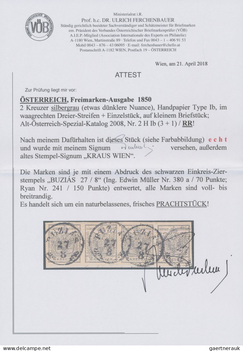 Österreich: 1850, 2 Kr. Silbergrau, Type Ib, Waagerechter Dreierstreifen Sowie E - Lettres & Documents