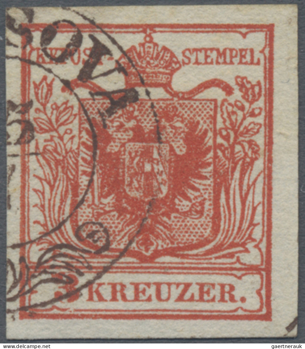 Österreich: 1850, 3 Kr. Tiefkarmin, Type Ia, Platte 2, Kabinettstück Mit Teilste - Gebruikt