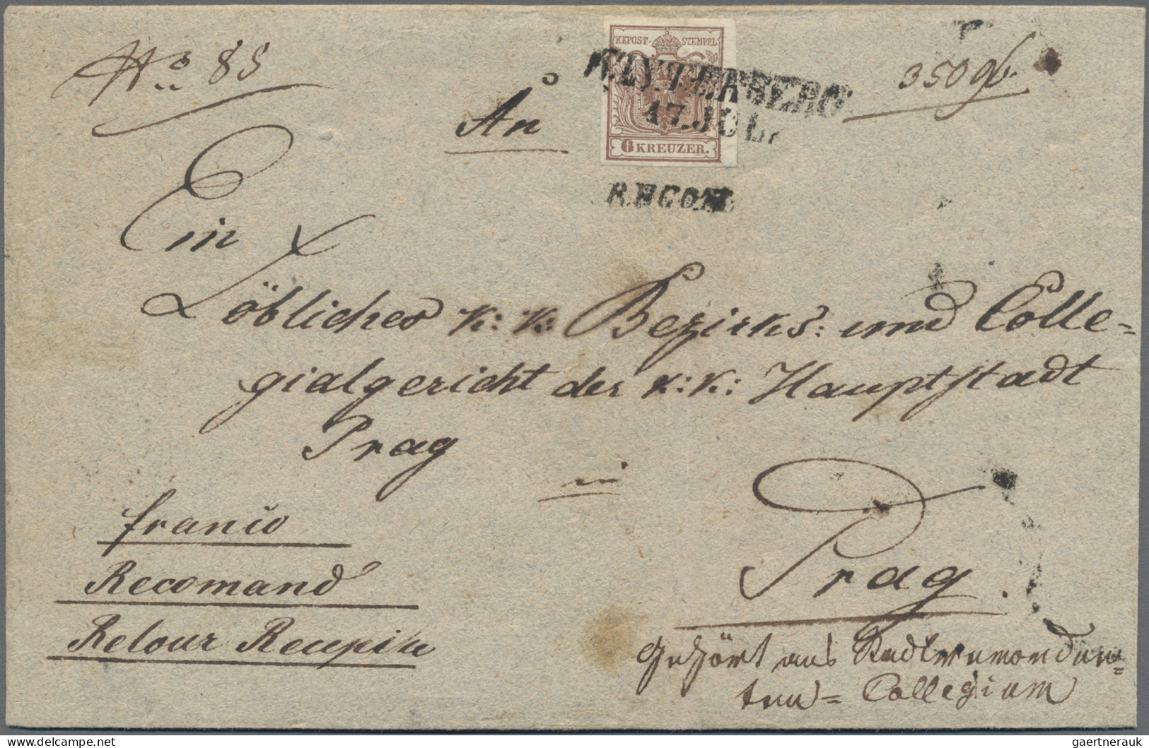 Österreich: 1850, 6 Kr. Braun, Handpapier, Type I, Vorderseitig Auf Reco-Brief M - Briefe U. Dokumente