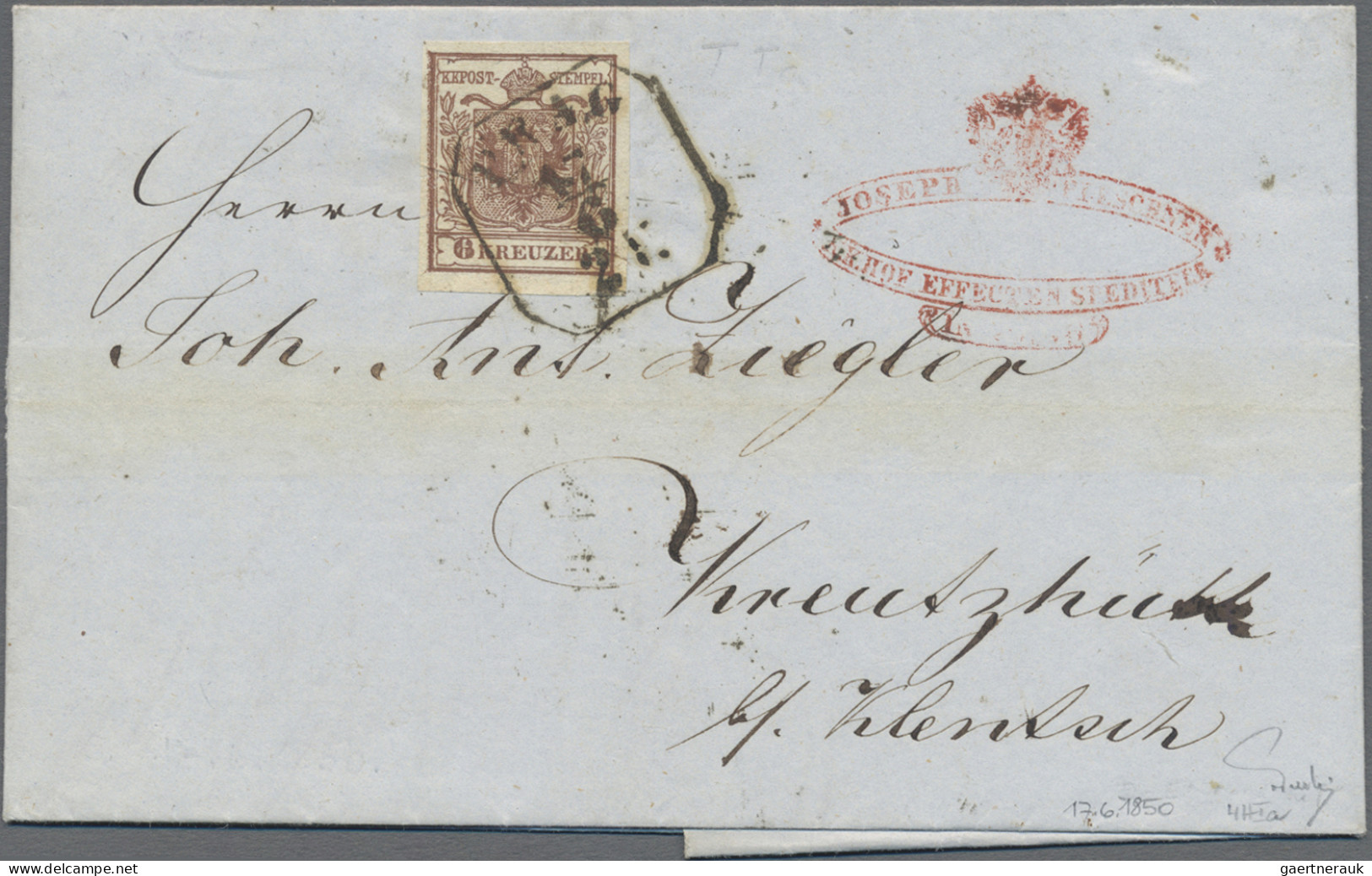 Österreich: 1850, 6 Kr. Braun, Handpapier, Type Ia, Tadelloses Prachtstück (link - Covers & Documents