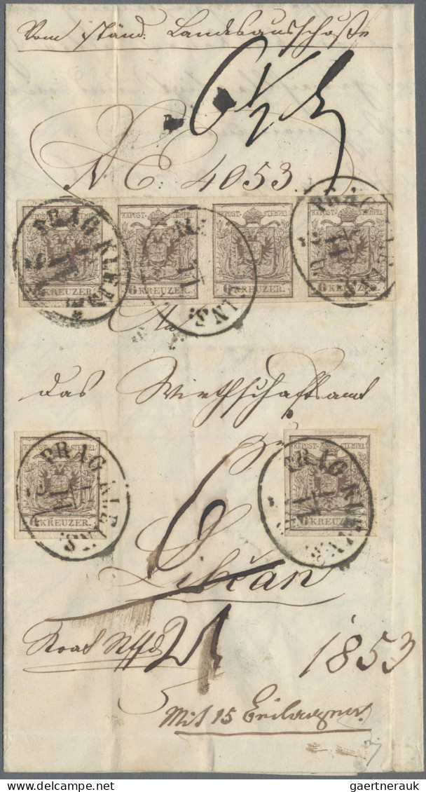 Österreich: 1850, 6 Kr. Braun, Handpapier, Type III, Waagerechter Viererstreifen - Covers & Documents