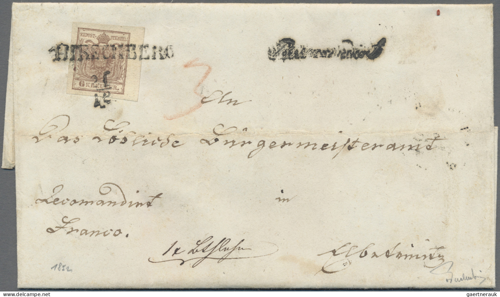 Österreich: 1850, 6 Kr. Braun, Handpapier, Type III, Rechtes Randstück (5mm) Sow - Briefe U. Dokumente