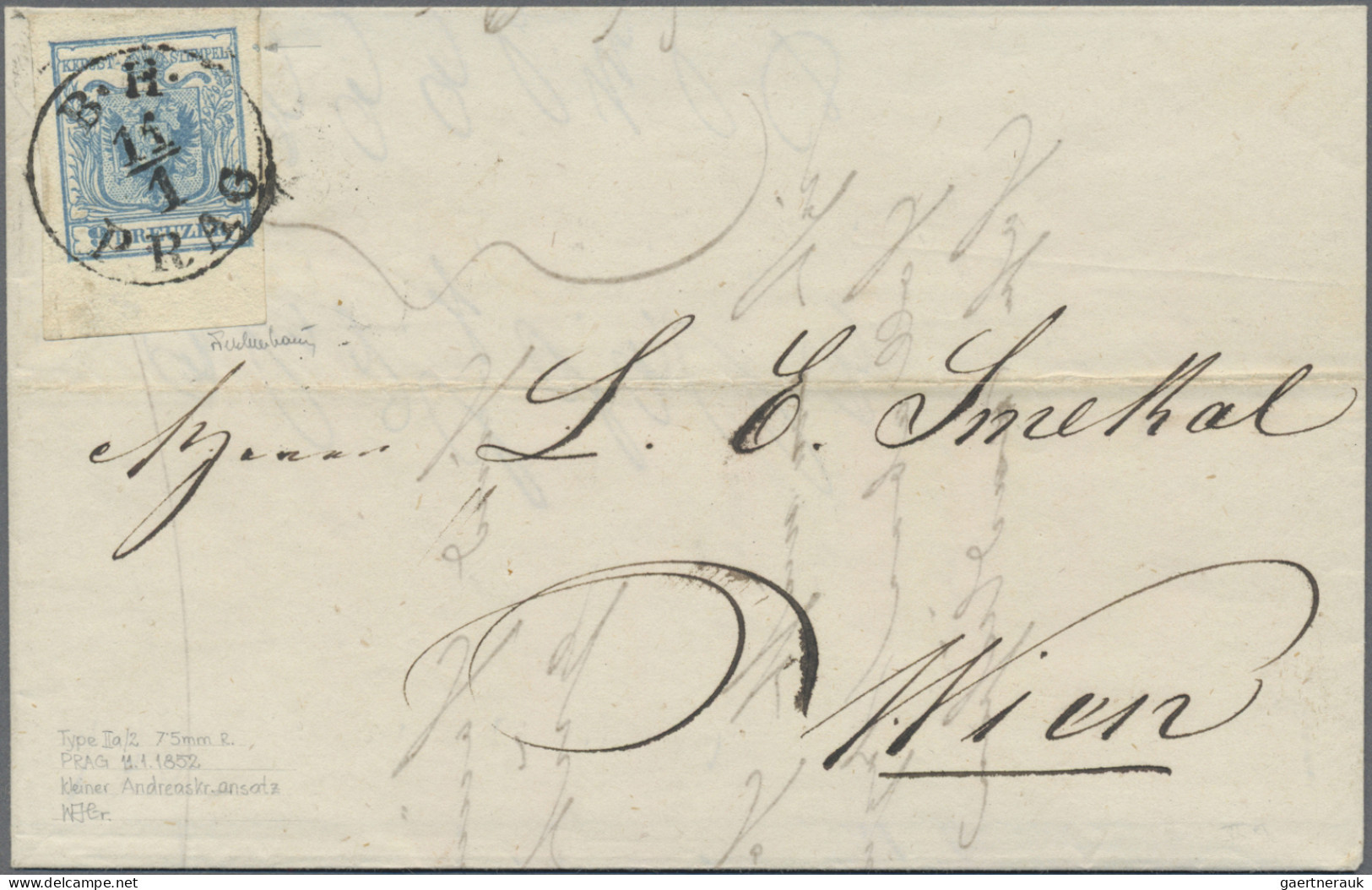 Österreich: 1850, 9 Kr. Blau, Handpapier, Type IIa, Riesenrandiges Unterrandstüc - Brieven En Documenten
