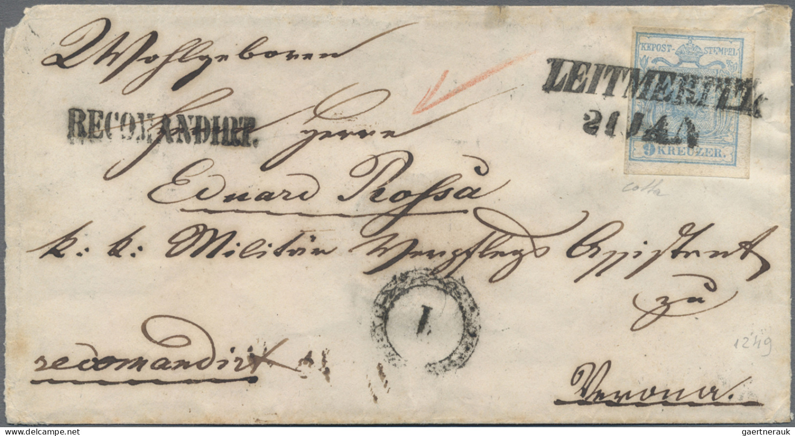 Österreich: 1850, 9 Kr. Blau, Handpapier, Type I, Vorderseitig Auf Dreiseitig Ge - Lettres & Documents