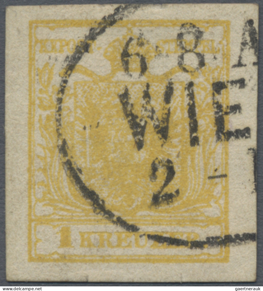 Österreich: 1854, 1 Kr. Olivgelb, Type III, Schwarzer Ovalstempel WIEN, Tadellos - Gebraucht