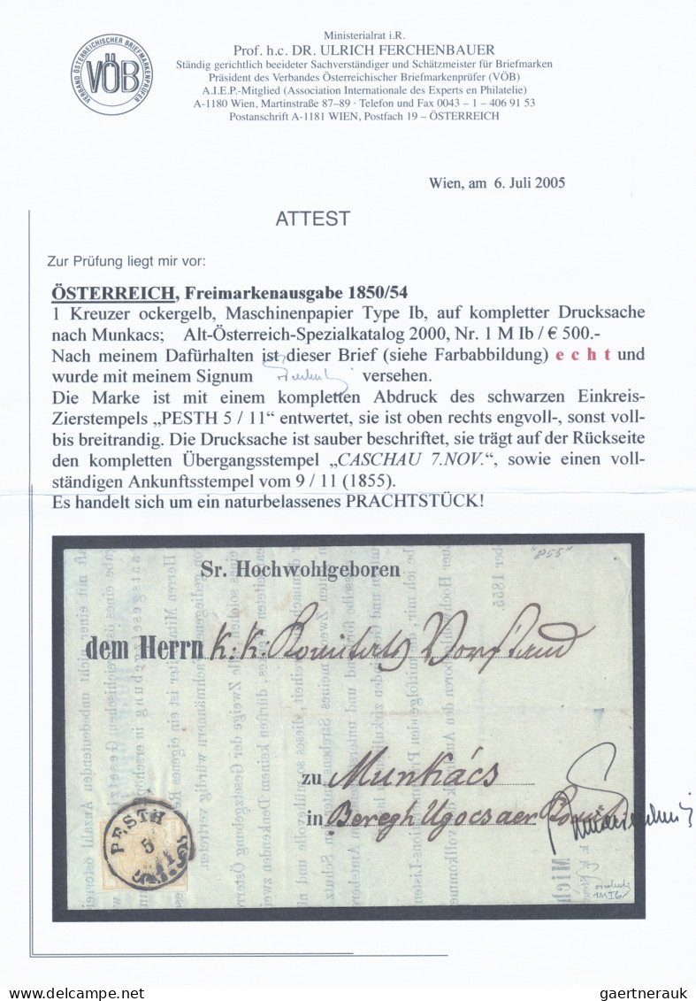 Österreich: 1854, 1 Kr. Ockergelb, Type Ib, Frisches Kabinettstück, Als Einzelfr - Briefe U. Dokumente