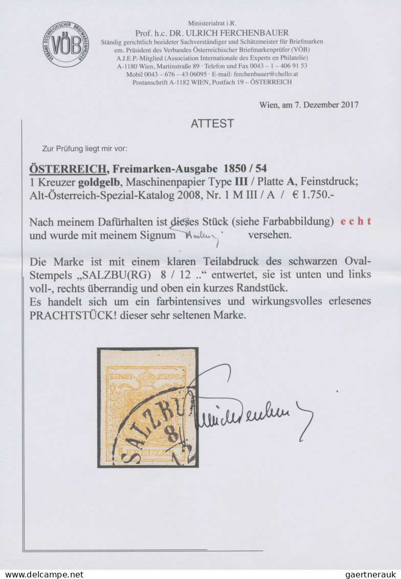 Österreich: 1854, 1 Kr. Goldgelb, Type III, Platte A (Feinstdruck), Schwarzer Ov - Gebraucht