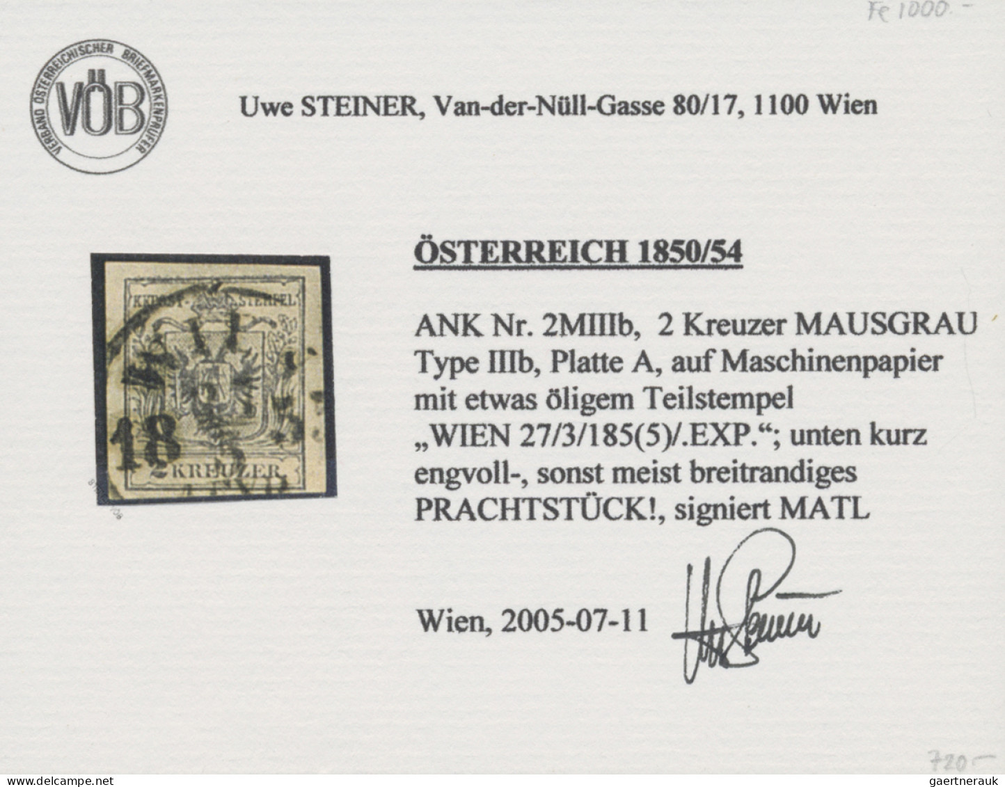 Österreich: 1854, 2 Kr. Mausgrau, Type IIIb, Platte A, Noch Voll- Bis Breitrandi - Gebraucht