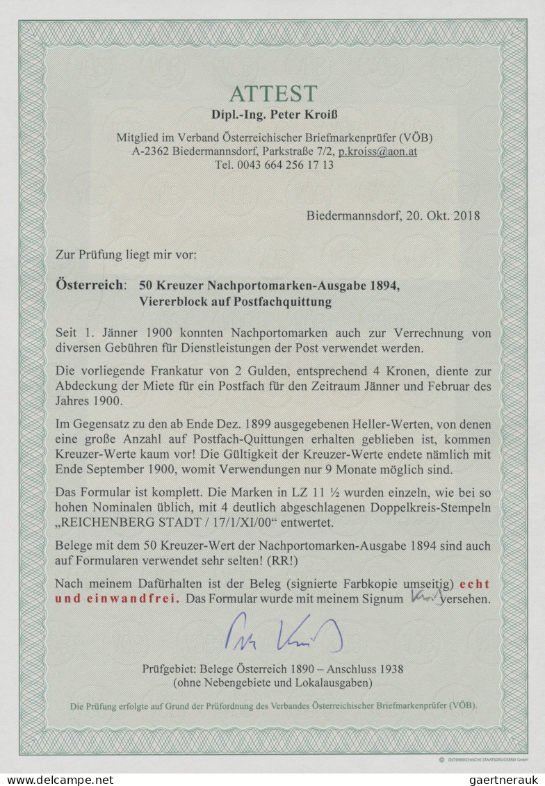 Österreich - Portomarken: 1894, 50 Kr., Viererblock Auf Postfach-Quittungs-Formu - Postage Due