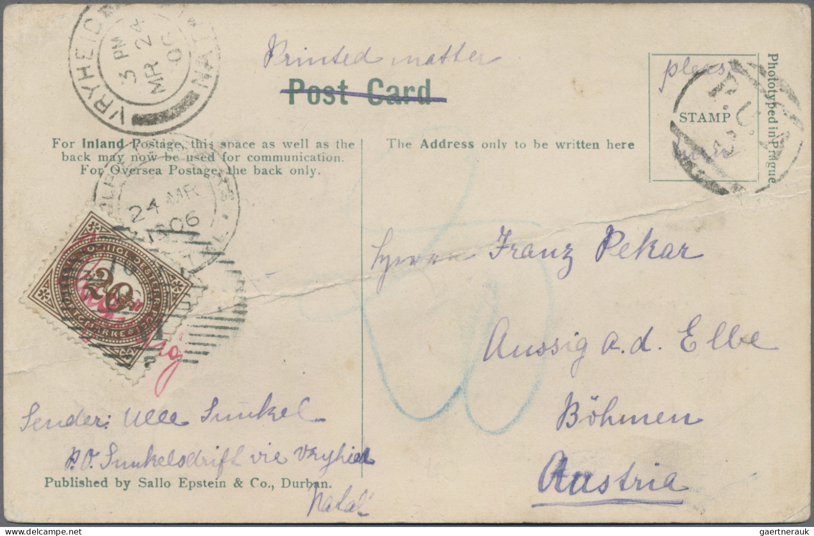 Österreich - Portomarken: 1906, Incoming Mail: NATAL, ½d Blaugrün KEVII (SG 146) - Taxe
