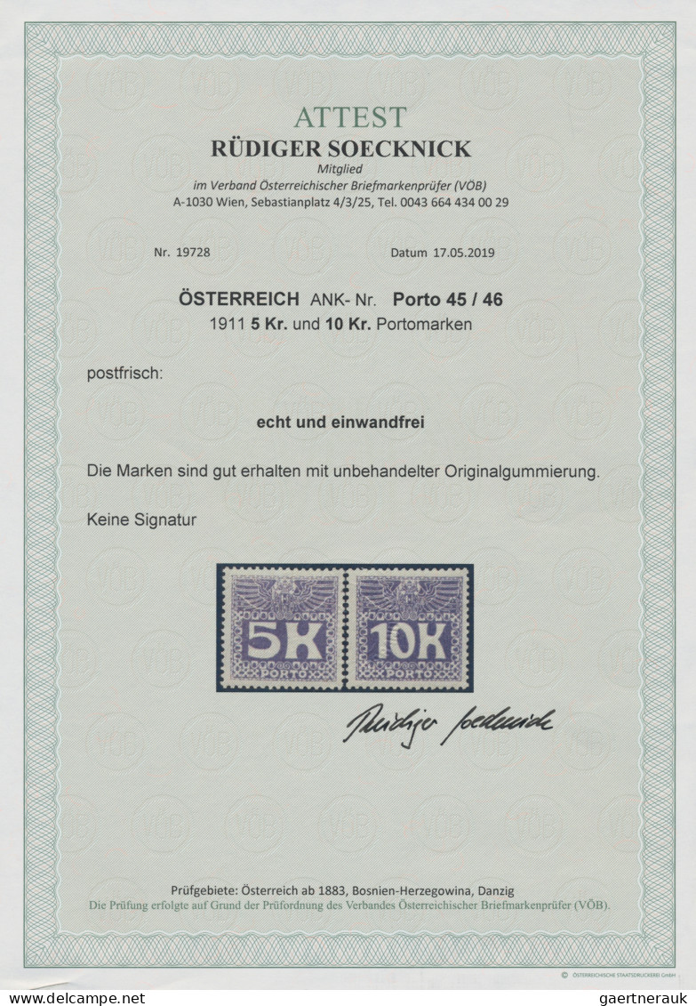 Österreich - Portomarken: 1911, 5 Kr. Bzw. 10 Kr. Dunkelviolettgrau, Je Postfris - Portomarken