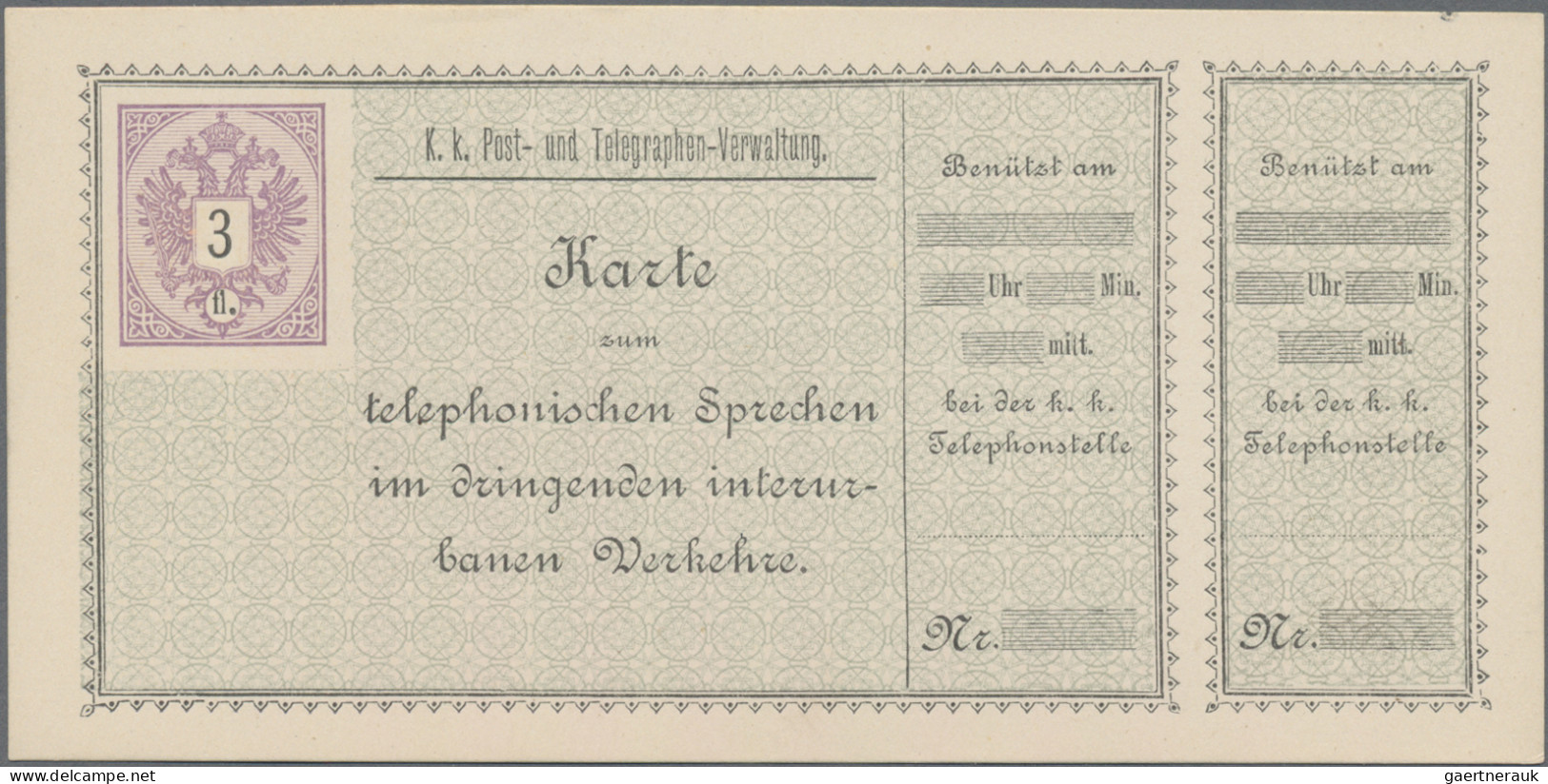 Österreich - Telefonsprechkarten: 1886/1889, Telefonsprechkarte 3 Fl. Violett Mi - Sonstige