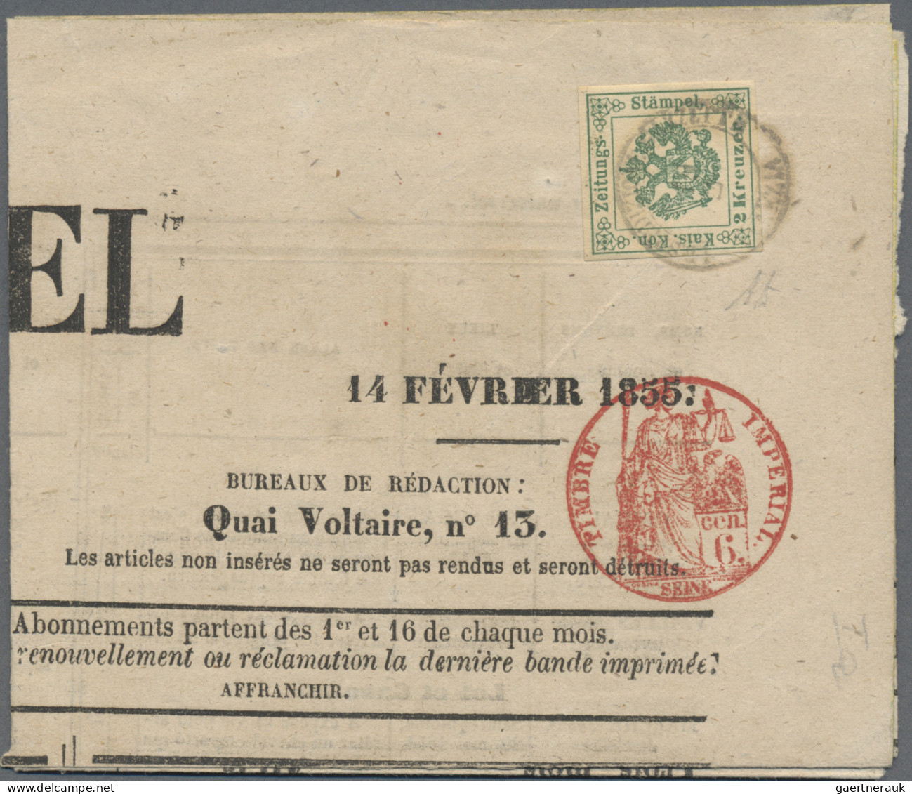 Österreich - Zeitungsstempelmarken: 1853, 2 Kr. Blaugrün, Auf Kpl. Zeitung Bzw. - Journaux