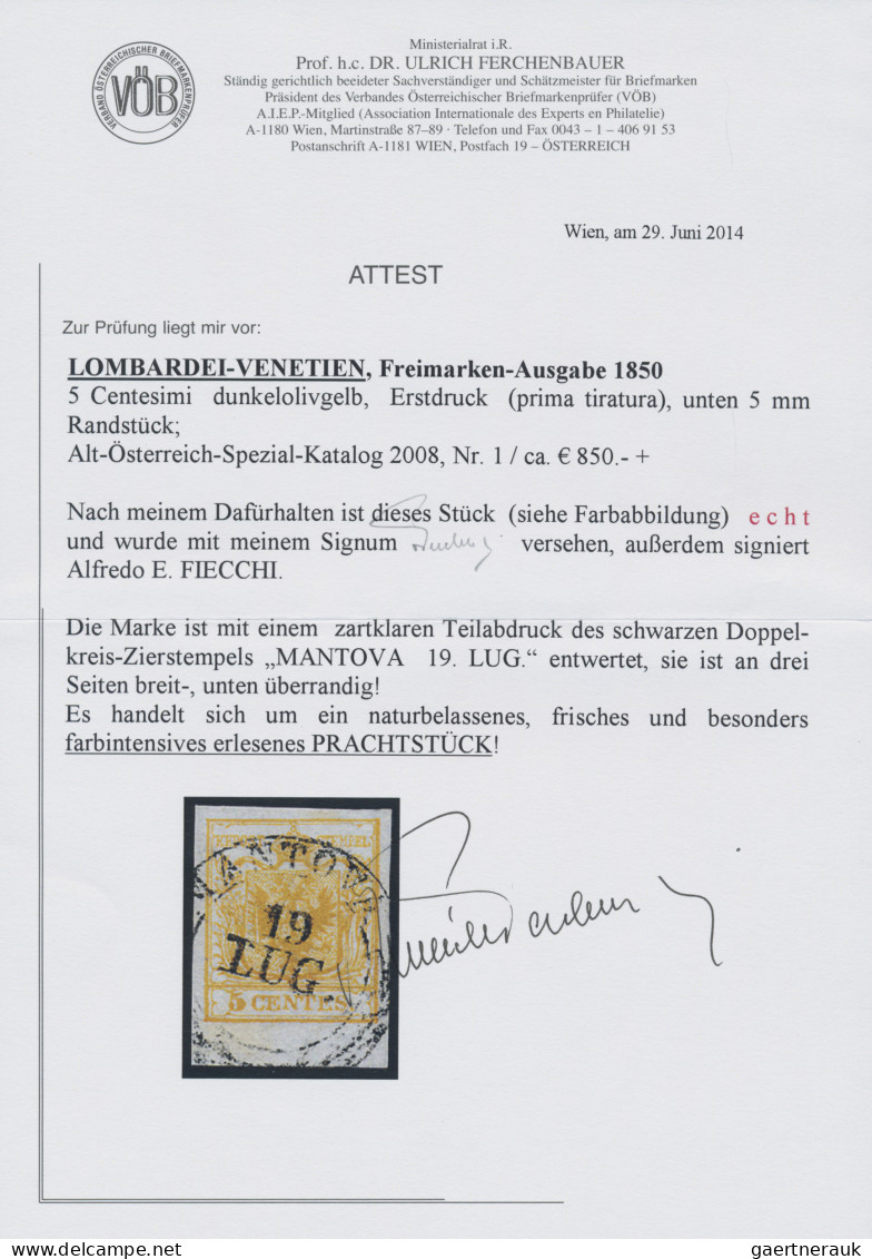 Österreich - Lombardei Und Venetien: 1850, 5 Cent. Dunkelolivgelb, Erstdruck, Br - Lombardo-Vénétie