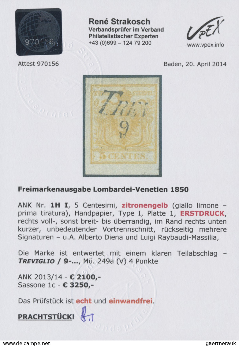 Österreich - Lombardei Und Venetien: 1850, 5 Cent. Zitronengelb, Erstdruck, Type - Lombardo-Vénétie
